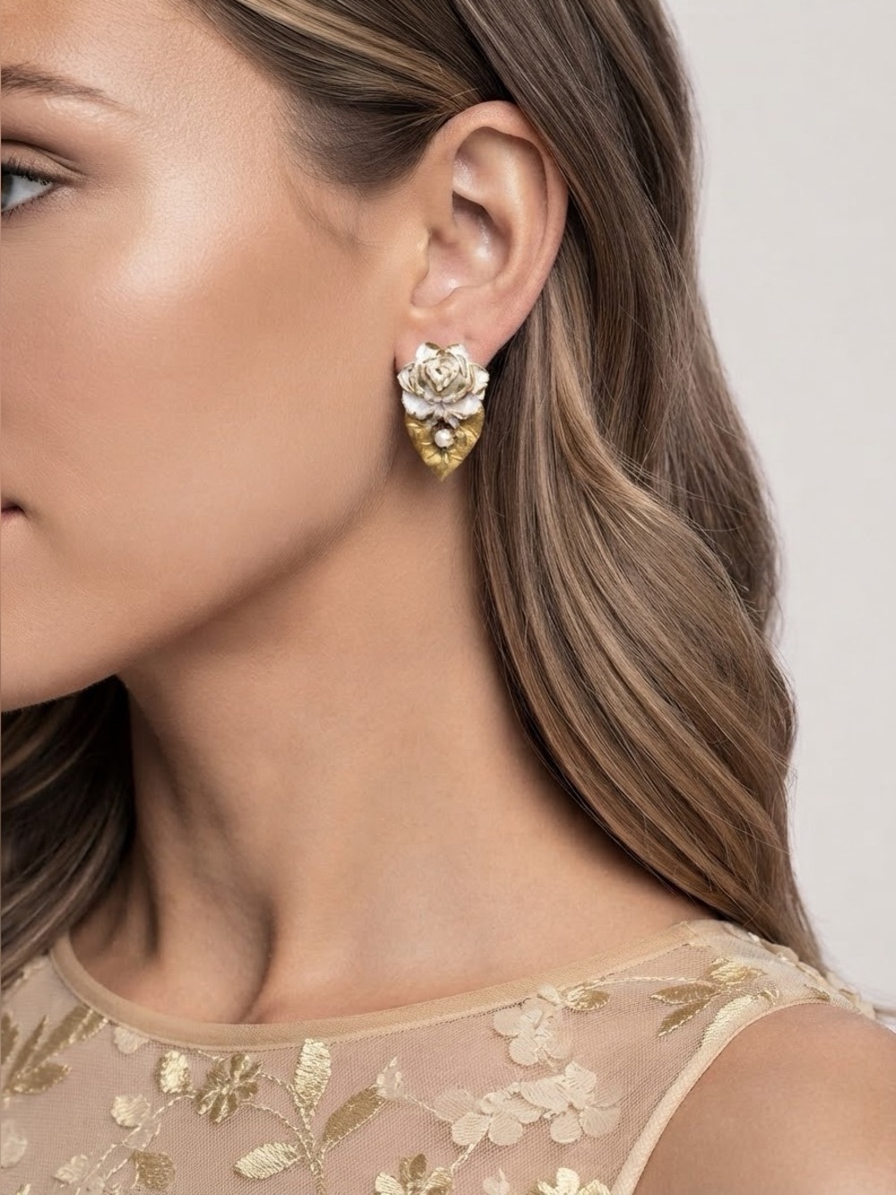 Vintage White Rose Drop Earrings | Gold Tone Faux Pearl Floral Earrings